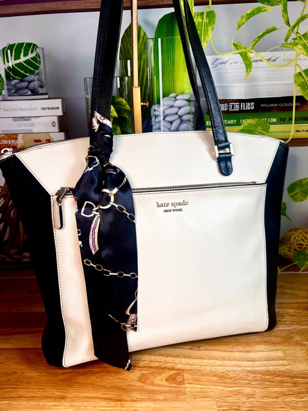 Kate Spade Louise Saffiano Leather Color Block Large Tote Bag Black White
